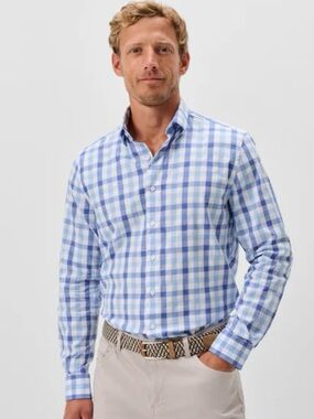 IZOD Men's Blue and White Checked Button-Down Shirt